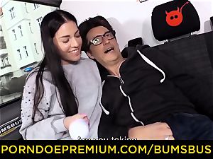 butts BUS - Twin step-sister babes share fuckpole in the van